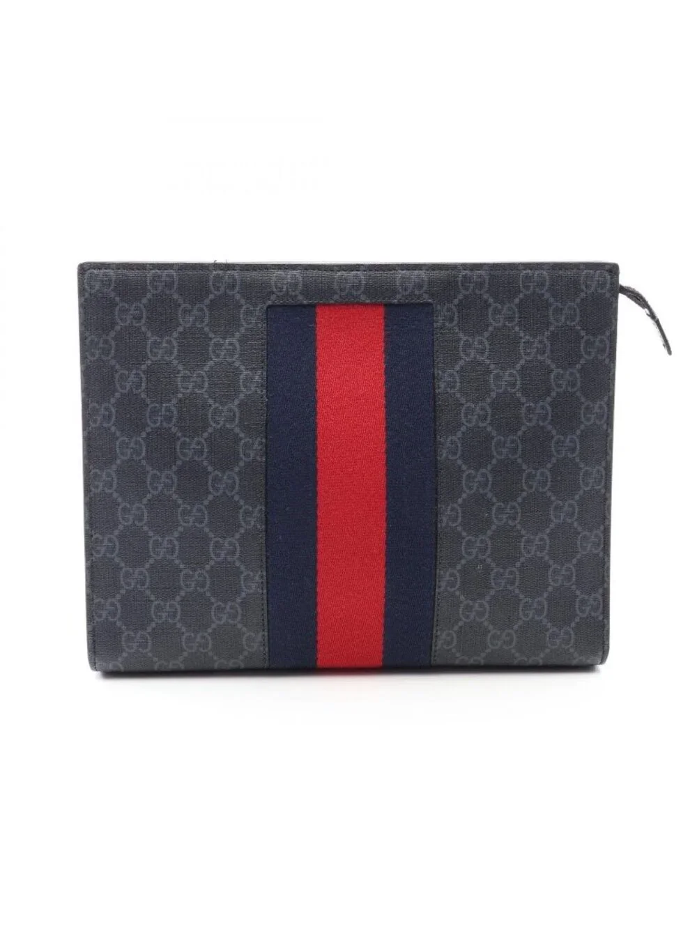 Gucci Clutch GG Supreme Webbing Line Black Gray Navy Canvas Leather Sherry